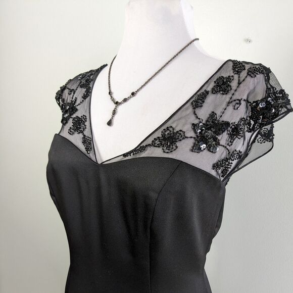 Maxi Dress Evening Gown Satin Sheer Beaded Mermaid Prom Formal Beaded Black 10 - Picture 2 of 11